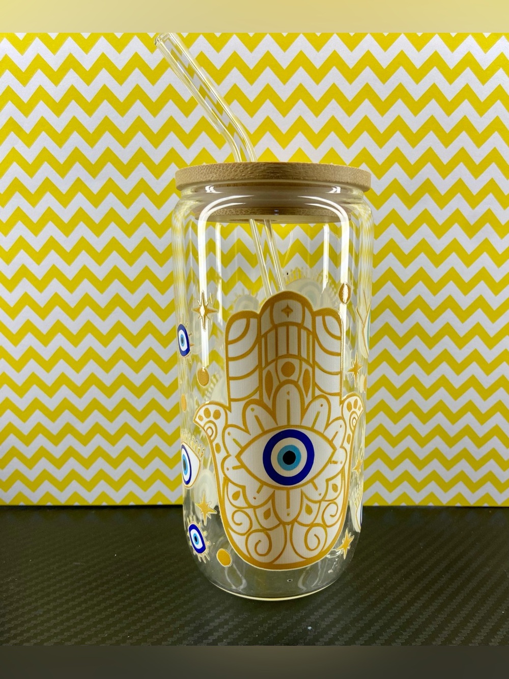 Clear Glass Tumbler with Gold Hamsa & Blue Eye Motif, Bamboo Lid